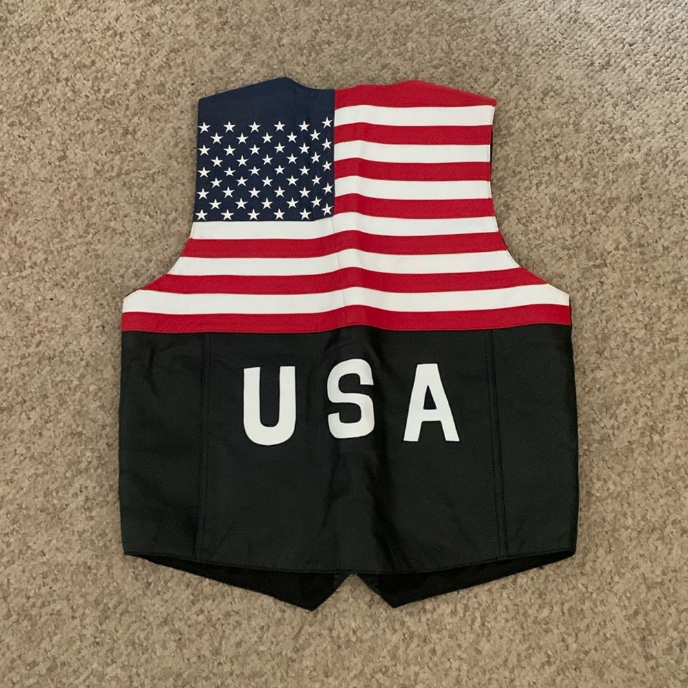 Vtg MOB black leather USA flag snap up vest sz L